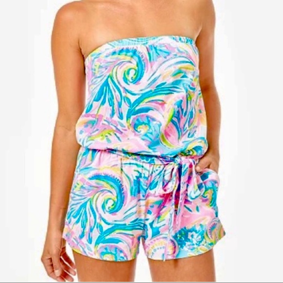 Lilly Pulitzer Pants - Lilly Pulitzer Ritz Strapless Romper in Carnivale Coral- L EUC